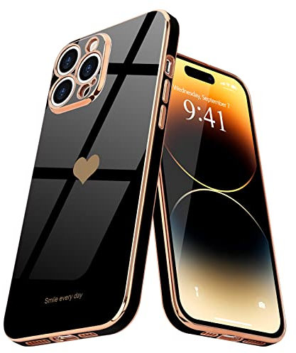Teageo for iPhone 14 Pro Max Case Cute Heart Pattern for Women Girls Slim Luxury Bling Plating Soft TPU Anti-Scratch Shockproof Bumper Phone Case for iPhone 14 Pro Max, Black