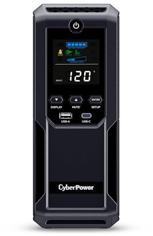 CyberPower CP1500AVRLCD3 Intelligent LCD UPS System, 1500VA/900W, 12 Outlets, 2 USB Ports, AVR, Mini Tower, Black