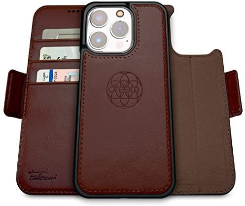 Dreem Fibonacci iPhone 14 Pro Geldbörsen-Hülle / 2-in-1 Stoßfestes MagSafe Case und abnehmbares Luxus-Vegan-Leder-Folio mit RFID-Kartenschutz und Ständer; für Frauen und Männer - Kaffee
