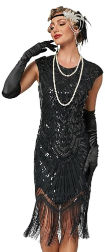 VILOREE Damen Kleid voller Pailletten 20er Stil Runder Ausschnitt Inspiriert von Great Gatsby Kostüm Kleid Schwarz XS
