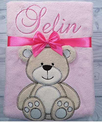 BotoBaby® - Babydecke mit Namen und Geburtsdatum - Geschenk Taufe Geburt ★ (Rosa - Teddybär)