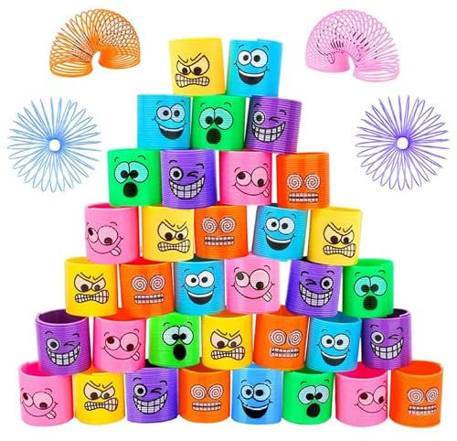 MOOING 36Pièces Jouets Ressorts,Mini Ressort Jouet Enfant avec des Visages Drôles, Rainbow Spiral Bobine,Ressorts Magiques,Enfant Jouets Fantaisie et Gadgets,Orange, 6 couleurs au total(31*19*3.8)