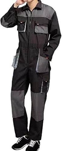 Ommda Men's Cotton Work Long Sleeve Overall with Knee Pad,Insulated Multi Pockets Workwear Boiler Suit Coverall, Grey Coverall, L
