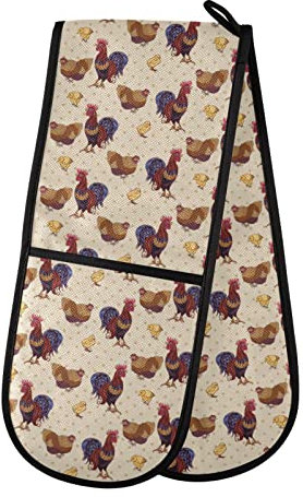 Double Oven Gloves Doodle Rooster Hens and Chickens Heat Resistant Pot Holder Oven Mitt Gloves for BBQ Cooking Baking Grilling Microwave