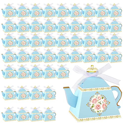 Fuutreo 50 Pcs Summer Tea Party Favor Boxes Party Decorations, Blue | Vintage Floral Teapot Box Flower Teapot Candy Gift Case for Women Garden Wedding Bridal Shower Birthday