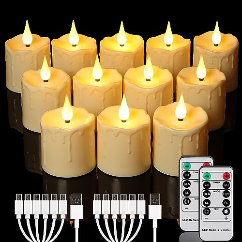 ZIYOUDOLI 12er Wiederaufladbares Aufladbare LED Teelichter mit Timer Fernbedienung USB-Kabel,Flackernde Flammenlose LED Teelichter,Warmweiß Dimmbar Geeignet für Weihnachten Hochzeit Party Familie