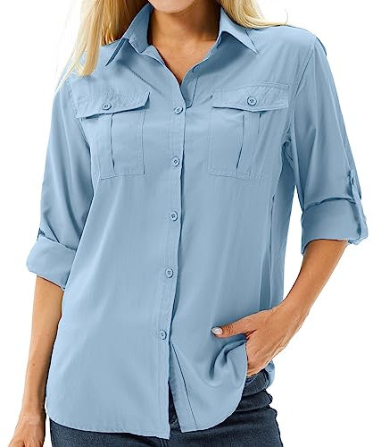 Asfixiado Damen Hemd UPF 50+ UV Schutz Langarmshirt Damen Outdoor Wanderbluse Safari Kleidung Damen Atmungsaktiv Outdoor Cool Quick Dry Sport Oberteile(5070 Blau M)