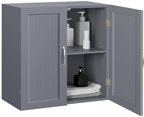 Yaheetech Armario de Baño Pared 59,5x31x59,5cm Suspendido con Dos Puertas, Mueble Colgante para Cocina, Cuarto de Baño, Lavadero con Bandeje Ajustable y Antivuelco Gris