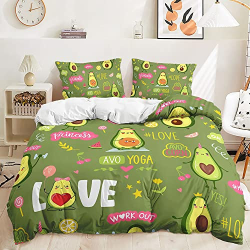 Srigzcaly Cartoon Avocado Muster 135 x 200 cm Bettwäsche Set mit Reißverschluss für Jungen Mädchen Mikrofaser Betten Set, Bettbezug mit 2 Kissenbezug