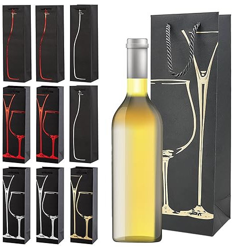 10 Pcs Premium Gift Bags for Wine - Single Bottle Kraft Paper Tote With Strong Rope Handles, Colourful for Birthday, Anniversary, Wedding, Dinner Party - 35 x 11 x 9 cm