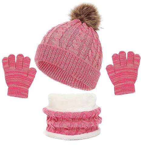 Cappello a Maglia Bambini, Inverno Berretto Sciarpa Guanti Set, Morbida Beanie Lavorato con Pompon Soffice Caldo Scaldacollo Guanto 3In1 All'Aperto per Ragazzi e Ragazze 2-8 Anni G Rosa Scuro