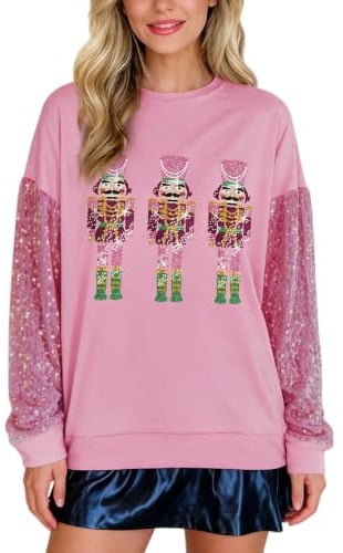 Aonoapll Damen-Sweatshirt mit Pailletten, bauchfrei, niedlicher Weihnachtsmann-Pailletten, Rundhalsausschnitt, bauchfreies Oberteil