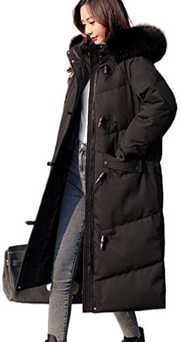 SUICRA Daunenjacken für Damen Warme Kapuze Horn Schnalle Damen Daunenjacke Damen Pendler Mantel Winter Pelzkragen Damen Daunenjacke (Color : Black, Size : M)