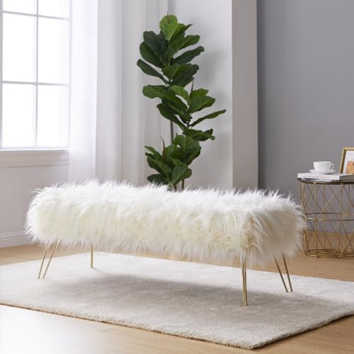 Zedelmaier Eleganter Sitzbank,Moderne Kunstfell Lange Bank,Plüsch,Sitzbank mit Goldmetallfüßen,for Schlafzimmer, Wohnzimmer, Eingangsbereich (weiß, 38 x 38 x 110 cm)