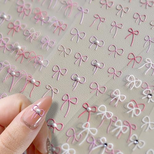 3 Blätter Schleife Nagelsticker Selbstklebend,Relief Rosa Perlen Bögen Nail Sticker Weiß Strass Schleifenknoten Nagelaufkleber Halbe Perle Bow Nagel Sticker Französisch Kristall Ribbon Nagel Stickers