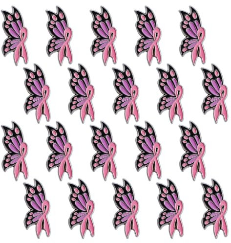 WANDIC Octobre Rose Lot de 20 Broches en Forme de Ruban Rose - Motif Papillon - Sensibilisation au Cancer du Sein - en émail - Bijoux Espoir - pour vêtements