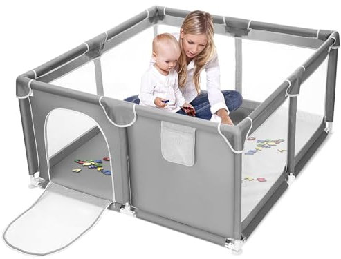 Kasanni Laufstall Baby 130x130cm Laufgitter Baby Laufstall Baby Faltbar Baby Playpen Mit Rutschfester Absperrgitter, GroßE Sicherheitsspielplatz, Mit Atmungsaktivem Netz An Vier Seiten Und SaugnäPfen