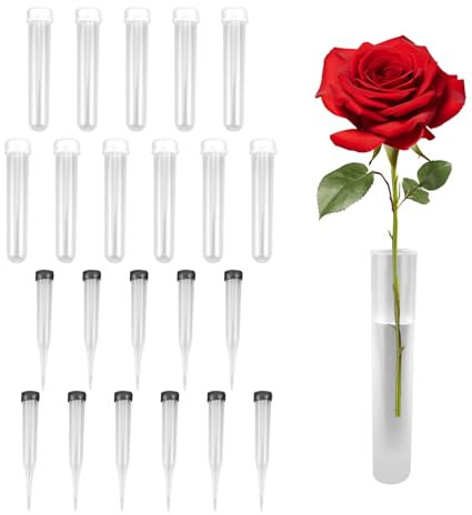 KATIMI 22 Stück Reagenzgläser für Blumen, Transparent Blumenröhrchen Kunststoff, 11 × 1.8 cm Reagenzglas Vase mit Silikon Deckel, Orchideenröhrchen für Blumenarrangements Dekoration