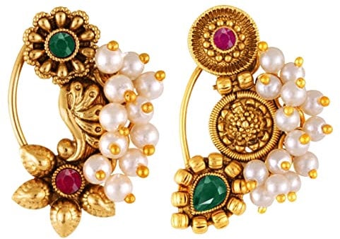 Samyuktha Golden Moti Pearls Nath Nathiya Nasenstecker, vergoldete Legierung, zwei Nasenringe für Frauen, Perlmutt, kein Edelstein, Perlmutt, Kein Edelstein