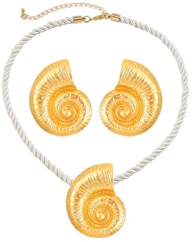 Gold Beach Conch Pendant Necklace Earrings for Women,Ocean Style Beach Party Conch Jewelry Set, Summer Vacation Bohemian Woven Rope Necklace, Surfer Jewelry Gift