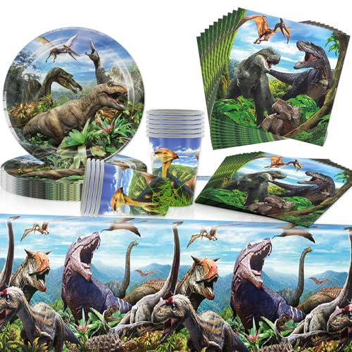 41 Teiliges Partyset Dinosaurier,Dino Partygeschirr,Dino Pappteller,Dino Tischdecke,Dino Servietten Kindergeburtstag,Tassen,Geeignet für Geburtstagsfeier,Party im Jurassic Stil