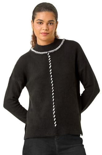 Roman Funnel Neck Seam Detail Jumper for Women UK - Ladies Autumn Everyday Winter Holiday Long Sleeve Soft Drop Shoulder Comfy Warm Feel Top Office Desk Sweaters - Black - Size 14