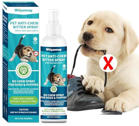 Woyamay Bitterspray Hund, 200ml Bitter Spray für Hunde, Anti Kau Bitterstoffe Spray, um das Kauen und Lecken von Möbeln, Schuhen, Bandagen zu Stoppen, Hunde Abwehrspray, Erziehungshilfen für Hunde