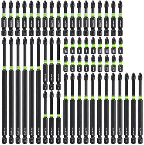 Impact Phillips Screwdriver Bit Set With Green Rubber Sleeve, Long Phillips Screwdriver Bit Set, Hex Shank Cross Anti-slip Screwdriver Bit Set For Impact Driver Power Tool (60Pcs)