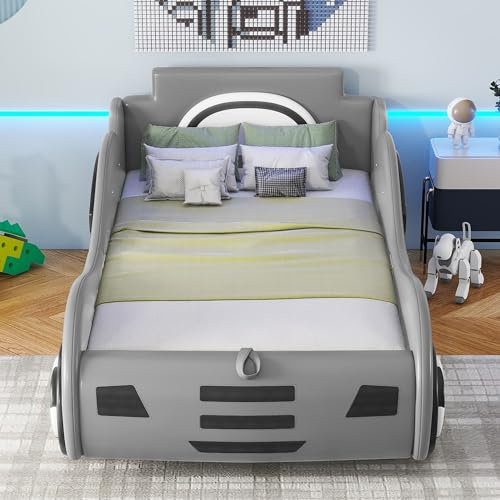 Flachbett, 90 x 200 cm, Bett mit Lattenrost (ohne Matratze), Modell Autobett, Autobett, Kinderbett, Kinderbett mit Unterbettstauraum, Weiß
