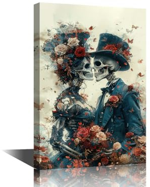 Wanddekoration für Schlafzimmer, Gothic-Romantik, bedruckt, 1 Stück, Skelette, Wanddekoration für Wohnzimmer, zwei elegant gekleidete Skelette, Wandbilder, gerahmt, fertig zum Aufhängen, 30,5 x 45,7
