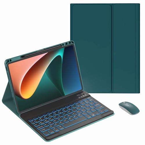 JZCZMCE Keyboard Case for Xiaomi Pad 6S Pro 12.4 inch 2024, 7 Color Backlit, Built in Pencil Holder, Magnetic Detachable Wireless Keyboard with Bluetooth Mouse,Green