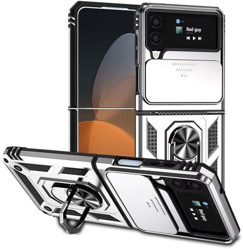 Funda para Samsung Galaxy Z Flip 4, 360 Grado Antigolpe Carcasa Capa Doble Case, con Cubierta Deslizante de la Cámara, Soporte Giratorio de 360 ° y Funda Protectora TPU de Silicona - Plata
