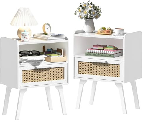 LELELINKY Nachttisch 2er Set Rattan, Boho Beistelltisch aus Holz