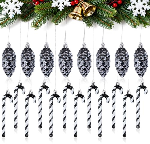 Joxessaien 20 Stück Baumschmuck Weihnachten, 8 Stück Christbaumschmuck Zapfen und 12 Stück Christbaum Zuckerstangen, Schwarz & Weiß Tannenbaumschmuck Deko