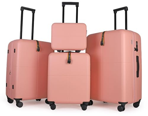 JLY 4pc Travel Set, Hard Shell Suitcases and Vanity Case, Blush Peach | Complete 4-piece matching set, medium and large expandable 17%, waterproof pockets, peach-skin lining