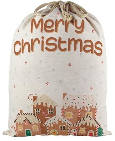 Christmas Santa Stocking Sack - Extra Large Reusable Fabric Gift Bag for Xmas Presents - Gingerbread Houses