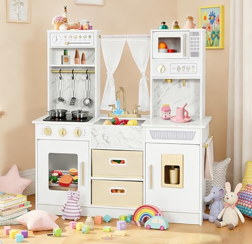 JOYLDIAS Kinder Spielküche Holz, Pretend Kinderküche Spielzeugsets, Puppenküche mit Eismaschine, Ofen, Kaffeestation und Aufbewahrungsbox, Trendy Home Style mit Vorhängen, Geschenk für Alter 3+