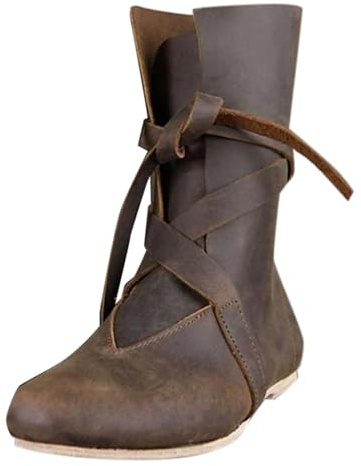 Générique Bottes de Chevalier médiévales en Cuir PU, Bottes de Cosplay médiévales Renaissance pour Hommes et Femmes, Bottes Vintage à Fond Plat, Chaussures à Lacets