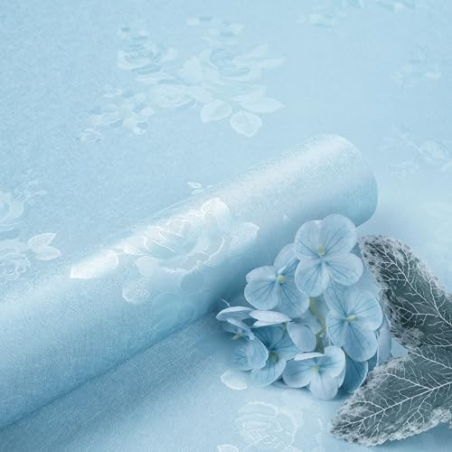 ReWallpaper Peel and Stick Wallpaper Blue Flowers Textured Vinyl Wrap for Furniture Wardrobes Bookshelf 40CMx3M Vinyl Silk Wallpaper Bathroom Waterproof Art Deco Contact Paper Rose Light Blue
