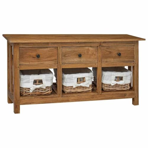 Fangmaliuyun Sideboard aus massivem Mahagoni 100x30x50 cm, 3 Schubladen & Rattan-Körbe, handgefertigter Vintage-Look, robust & langlebig für Wohnzimmer Flur Küche