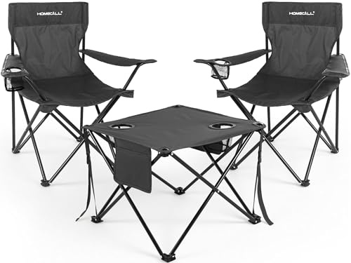Homecall Camping Tisch Stuhl Set, faltbares Campingtisch mit Stühlen | leichtgewichtiges 2er Campingstuhl-Set mit Tragetasche, Campingstuhl mit Tisch für Picknick, Garten, Terrasse, Reise, Schwarz