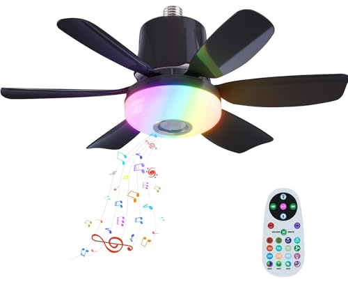 OEHUG Lights Bulb Ceiling Fan with Bluetooth Speaker and Remote RGB Music,E27 Base 3 Colors 3 Speeds,6 Blades 32W RGB LED Ceiling Fan Light with Lights and Remote for Bedroom Kids Room (Black)