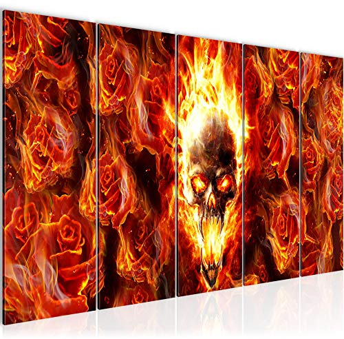 Runa Art Wandbild XXL Totenkopf Blumen Wohnzimmer Schlafzimmer 200 x 80 cm Rot 5 Teilig - Made in Germany - 402355c