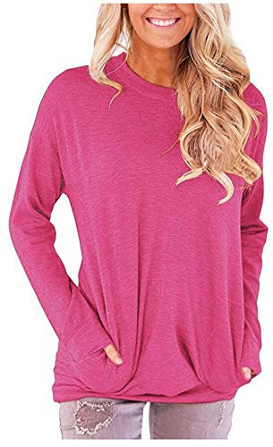 onlypuff Damen Casual Solid T-Shirt Fledermausärmel Tunika Tops Rundhalsausschnitt lockere bequeme Taschen - rosa - Mittel