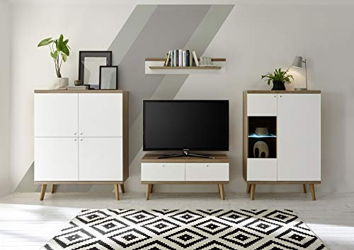 Wohnwand Scandic IV, Eiche Riviera NB/weiß matt, 4er-Set, 324 (304) x 160 x 19-40 cm, Wohnzimmer, Wohnzimmerwand, Wohnzimmermöbel, Möbel Ausführung mit Beleuchtung