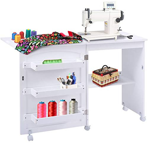 COSTWAY Armoire pour Machine à Coudre Pliante, Table de Couture avec 3 Etagères pour Bobines et roulettes verrouillables en Bois (Blanc)