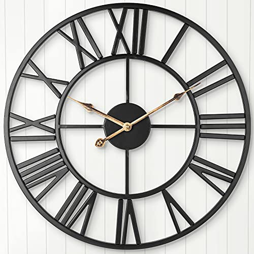 Leise Wanduhr, Arvinkey Europäisches Bauernhaus Vintage Uhr mit römischen Ziffern, 47 cm, nicht tickend, batteriebetrieben, Metallskelett, dekorative Uhr für Zuhause, Büro, Dekoration (schwarz)