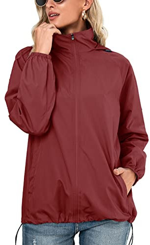 SotRong Veste imperméable pour femme - Veste de pluie légère pour printemps et été - Séchage rapide - Fermeture éclair - Veste d'extérieur à capuche, rouge vin, S