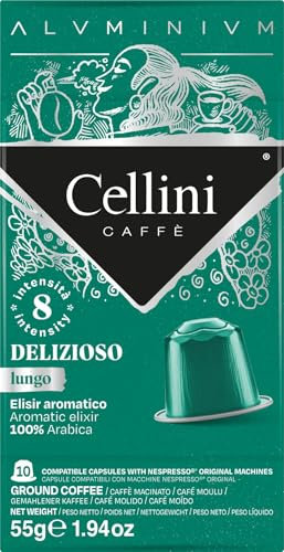 Café Cellini Aluminium Capsules compatibles Nespresso - Aluminium Delizioso Long 100pcs | Capsules aluminium compatibles Nespresso avec des notes aromatiques d'épices et de fruits secs