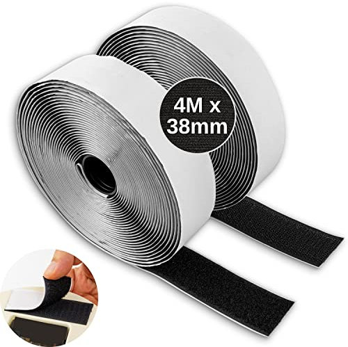 Selbstklebendes Klettband, 4 Meter Länge, 38 mm Breite, in Schwarz, zuschneidbares Flauschband mit Hakenband, Klettverschluss zum Kleben, Klebeband mit Klett, Klettstreifen für Moskitonetz, Teppich